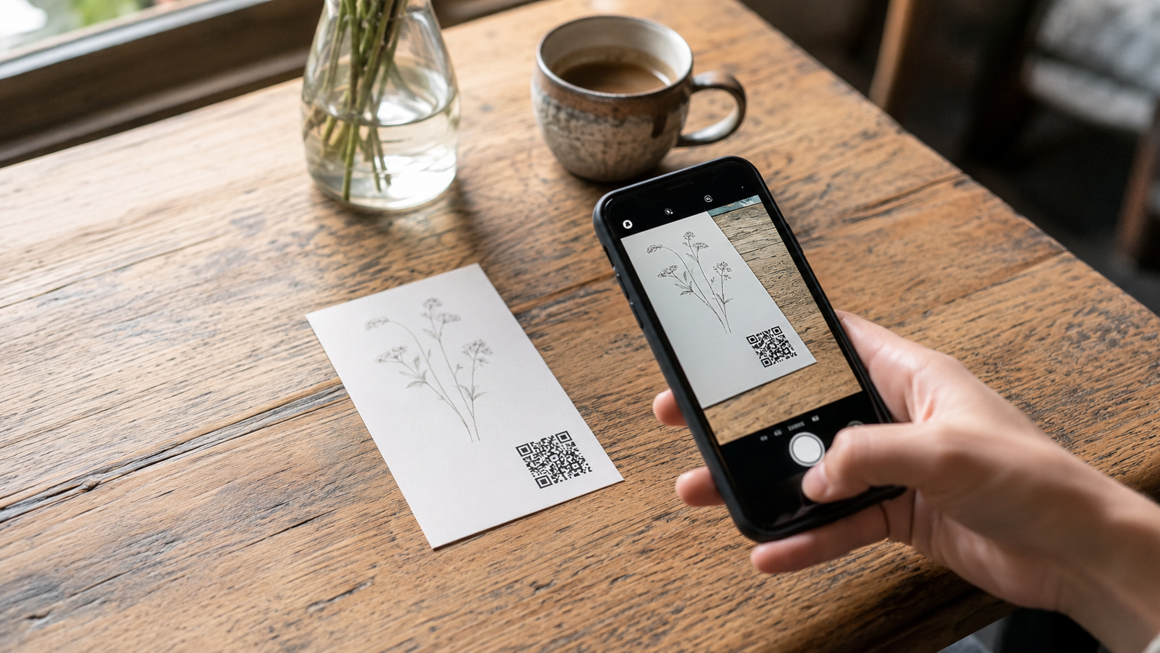 印刷されたチラシをスマホでQRコード読み取りしている様子