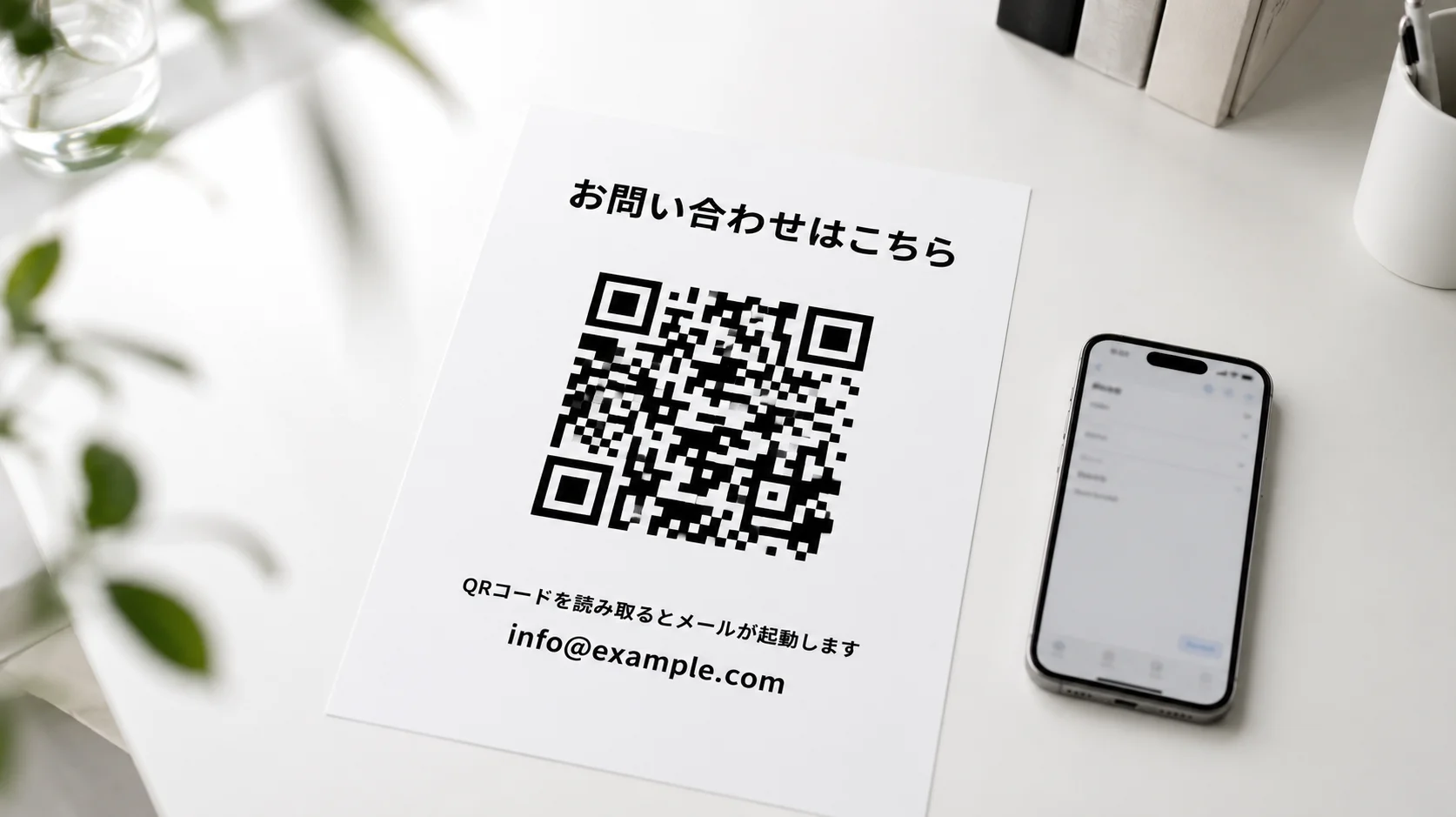 お問い合わせQRコードが印刷されたチラシとスマホの様子