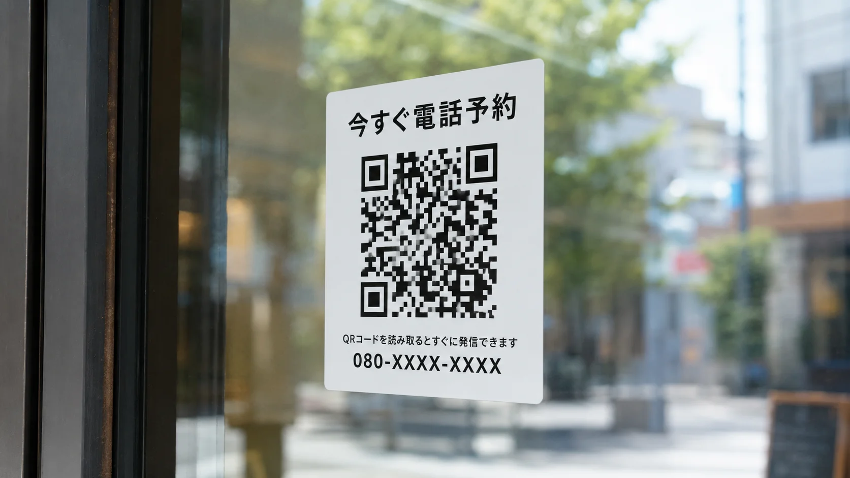 店舗のガラスに電話予約用QRコードのシールが貼られている様子