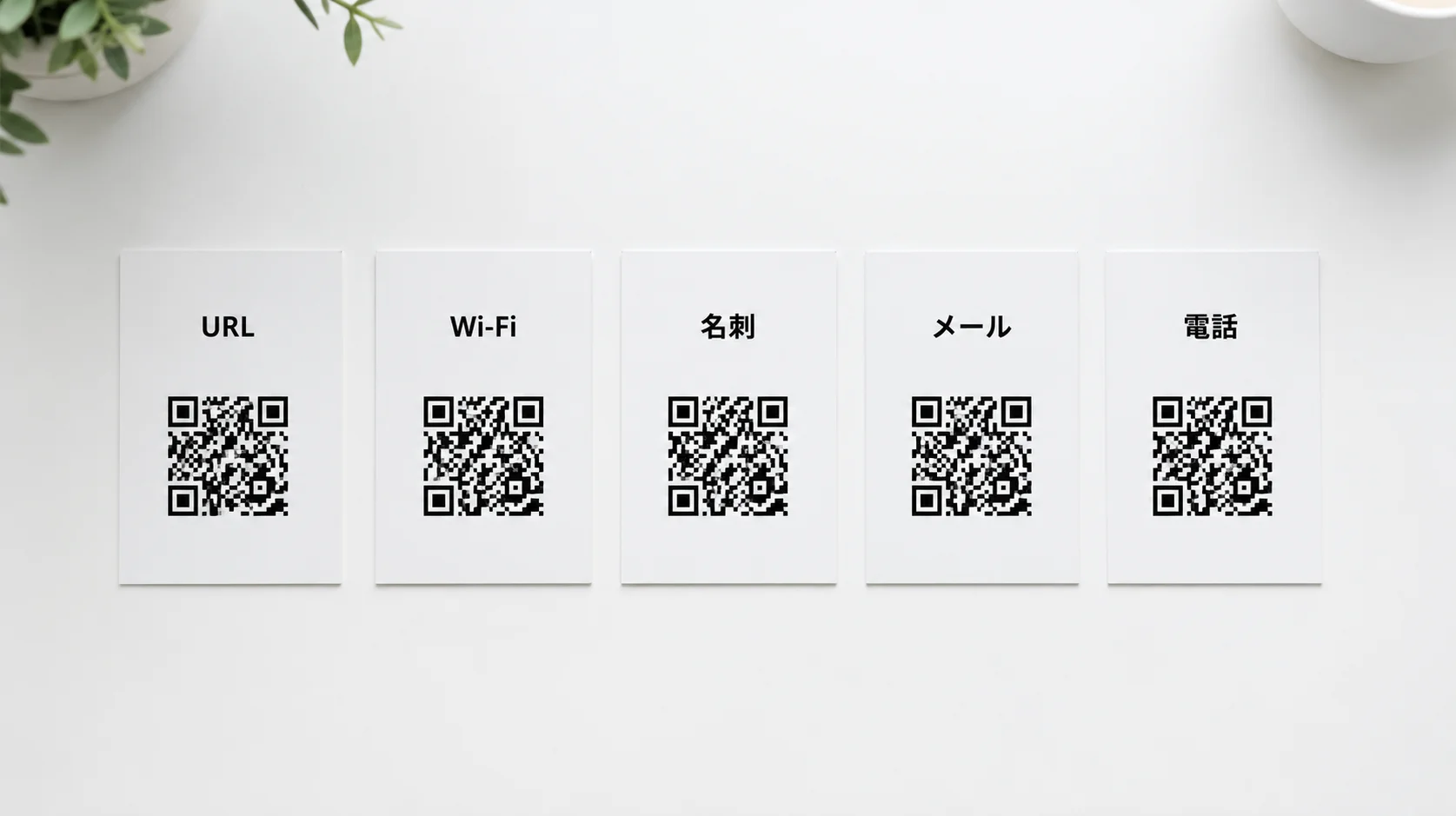 5種類のQRコードカードが並んでいる様子