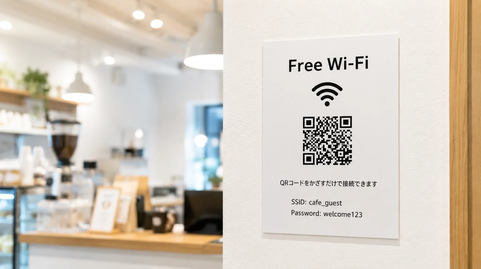 カフェの壁にFree Wi-Fi QRコードのポップが貼られている様子
